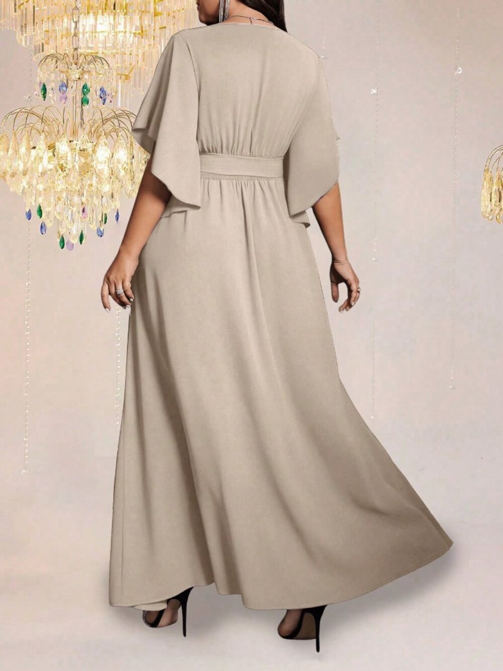 Apricot Elegant Women's Plus Size V Neck Flared Sleeve Party Dress - Picture 2 of 5